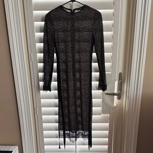 AllSaints Black Lace Long-Sleeve Midi Dress